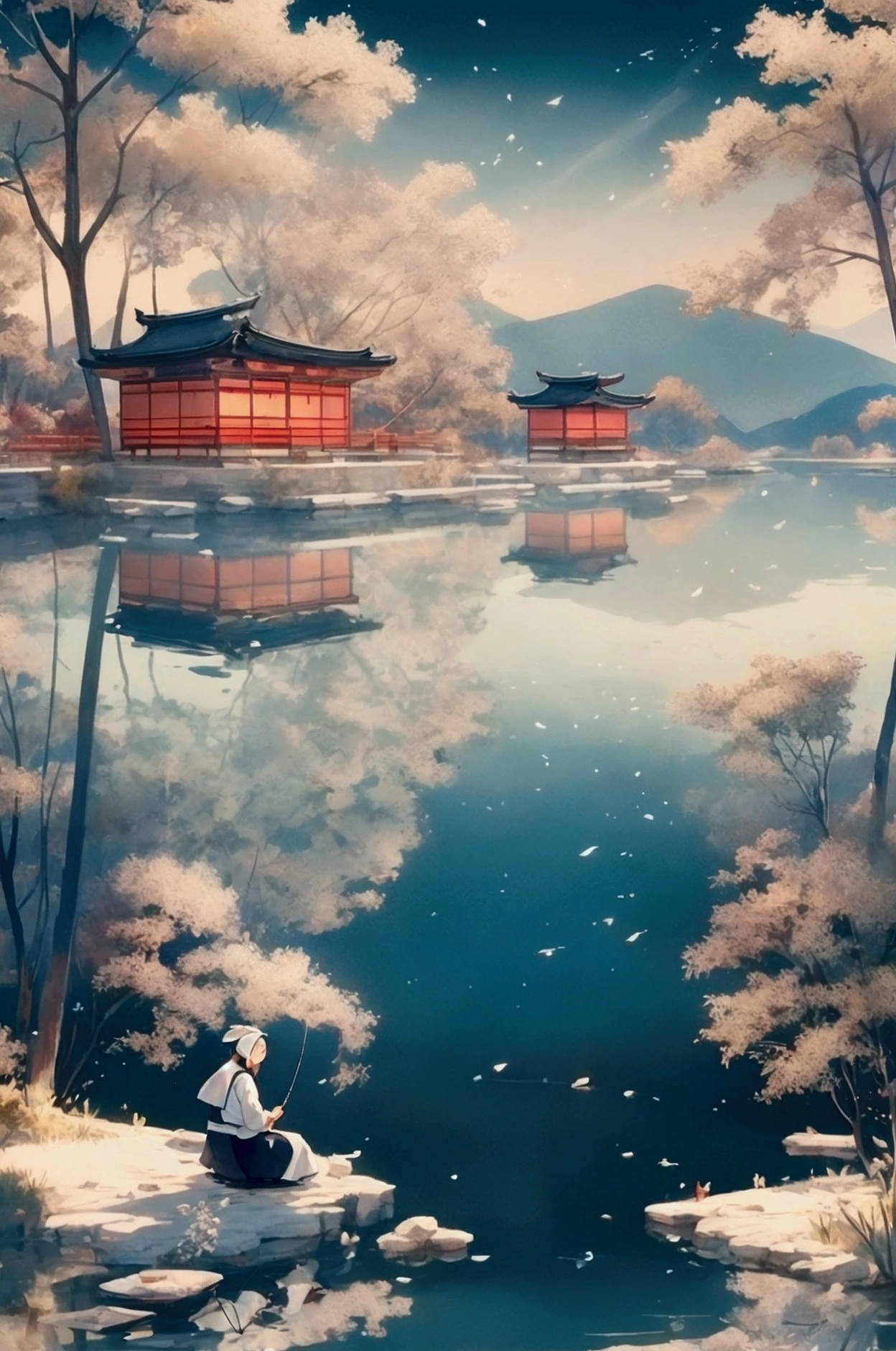 Beautiful distant mountains+Light boat+Trees and tiled houses+Close shot of fisherman fishing、.Soft background.More dreamy and ethereal atmosphere.Cover the screen.More obvious gradation.Bokeh effect.The overall picture is minimalist but rich in layers,Elegance reveals a vague romantic charm。Meticulous photography techniques,Capturing the Zen and tranquility of the tea ceremony,Demonstrate high-quality visual experience。