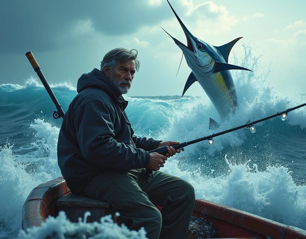 a man on a fishing boat holding a fishing rod, marlin jumping on the sea, huge waves, stunning ocean landscape, beautiful detailed face, detailed clothing, hyperrealistic, cinematic lighting, dramatic angles, vibrant colors, dramatic, photorealistic, highly detailed, 8k, masterpiece