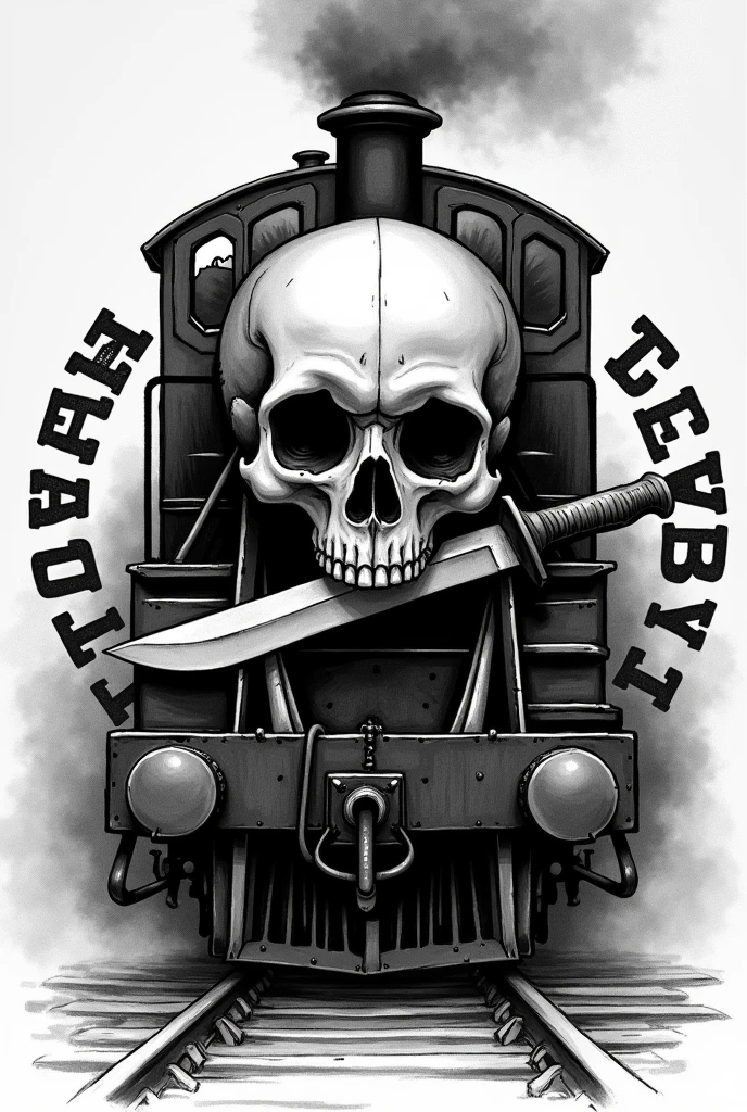 Could you create an image of a train?, with a huge skull in front and a knife in its teeth?
I would like the knife to be horizontal, I would like the following sentence to be written around the skull: TEAM GB The image would like to be in black and white drawing format