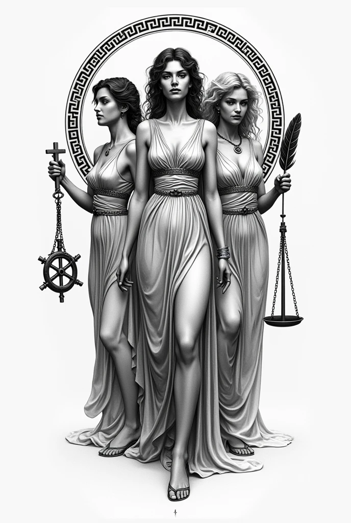 Represents the 3 moirae Clotho for tattoo: Carrying a spinning wheel Lachesis: carries an Atropos feather: Carry scissors and a scale