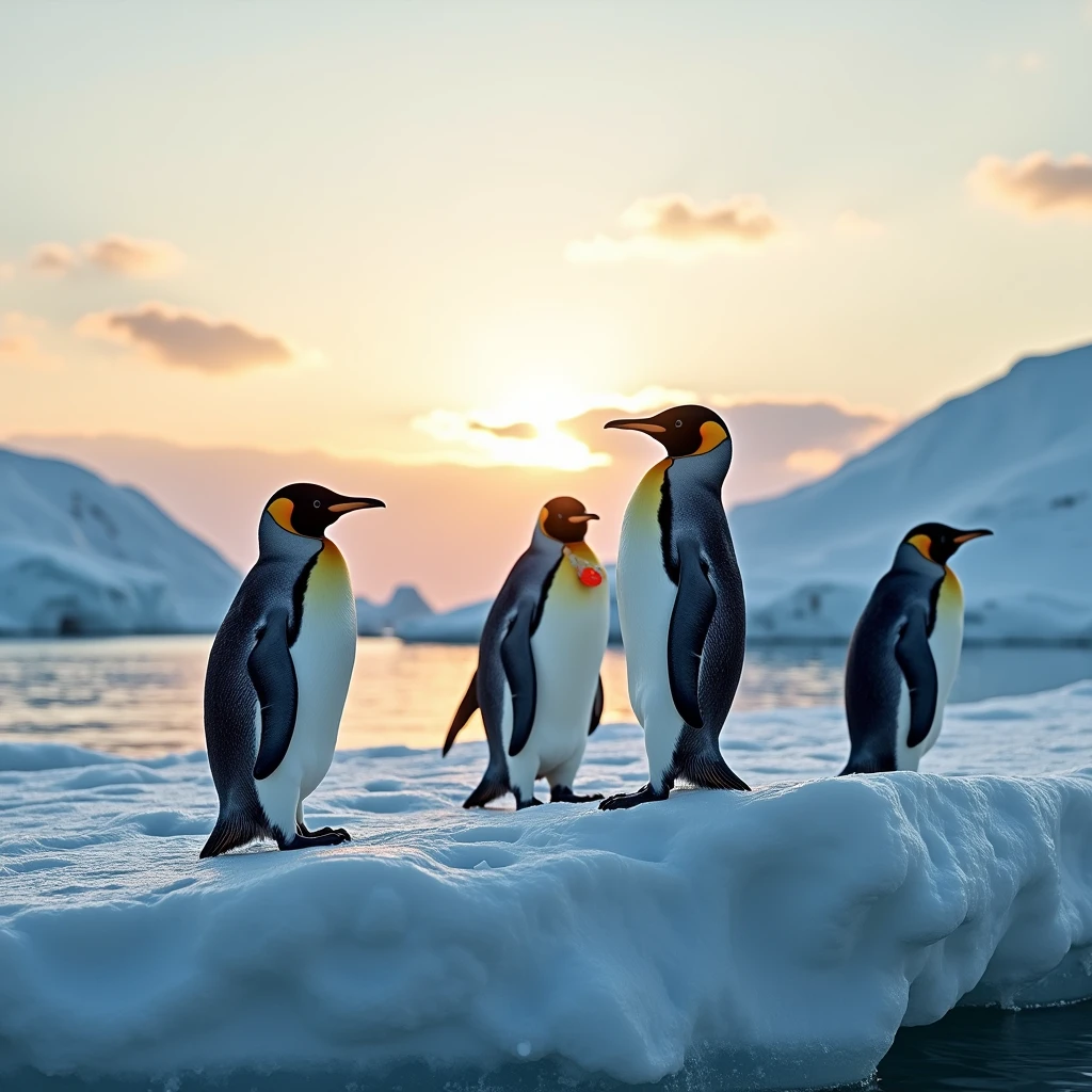 A photo of a group of penguins standing on the edge of an ice floe in the Arctic. The sun is visible on the horizon, casting a warm glow onthe ice and the penguins. The sky is clear, with a few clouds in the distance. The ice is rough and textured, with cracks and crevices. The penguins are wearing orange tags around their necks.