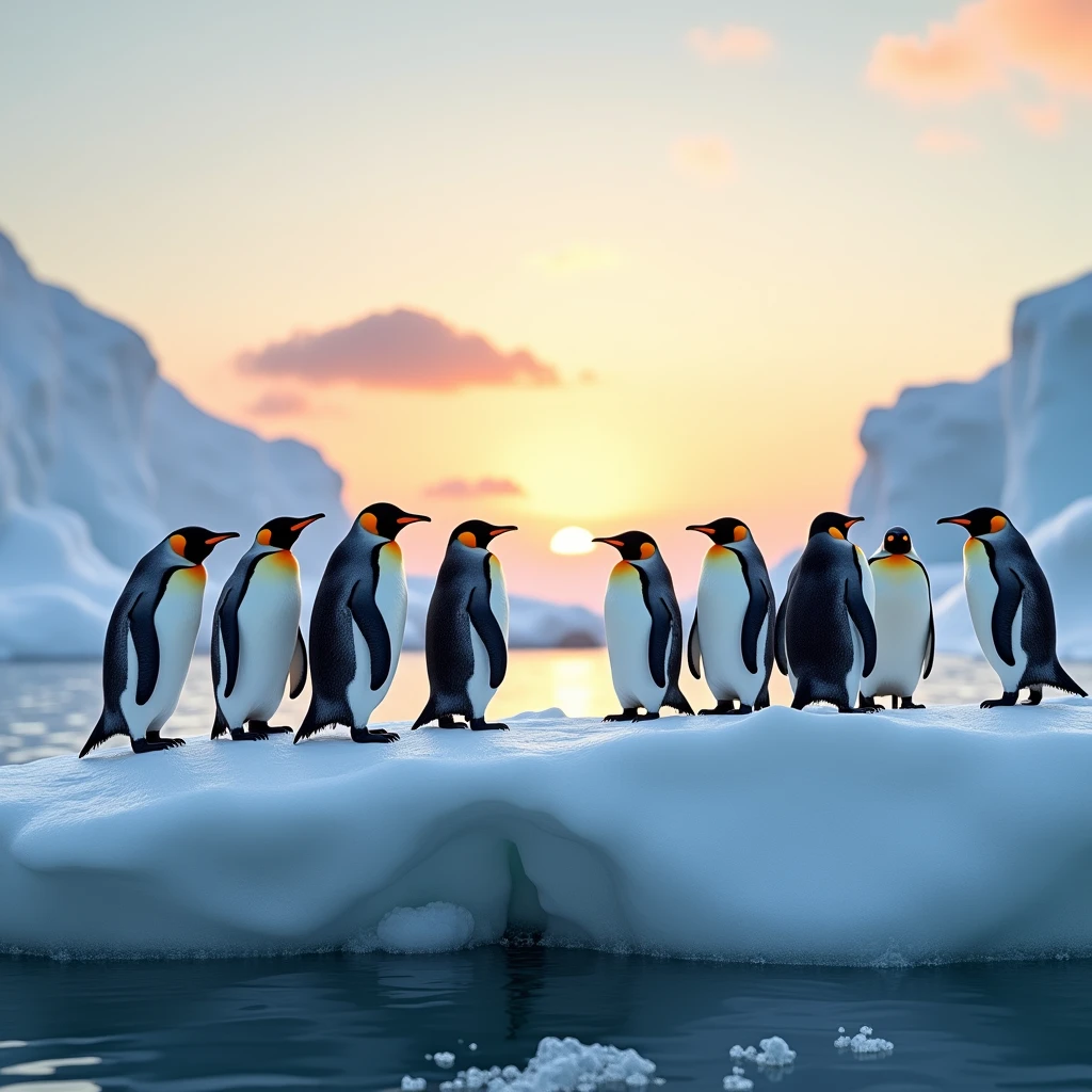 A photo of a group of penguins standing on the edge of an ice floe in the Arctic. The sun is visible on the horizon, casting a warm glow onthe ice and the penguins. The sky is clear, with a few clouds in the distance. The ice is rough and textured, with cracks and crevices. The penguins are wearing orange tags around their necks.