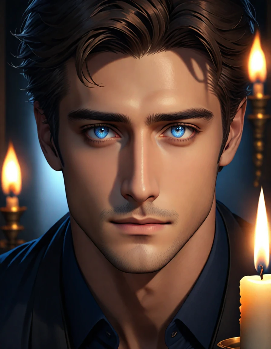 A handsome man with deep blue eyes is sitting in a dark room. There is a lit candle 30 centimeters away from his face., Illuminating his beautiful features. Photorealistic Style. 8k resolution. Very detailed.