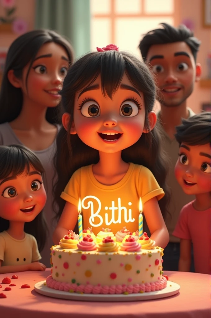 A girl's birthday. Her name is Bithi. Bithi is cutting the cake on the occasion of birthday. Bithi name will be on the cake.