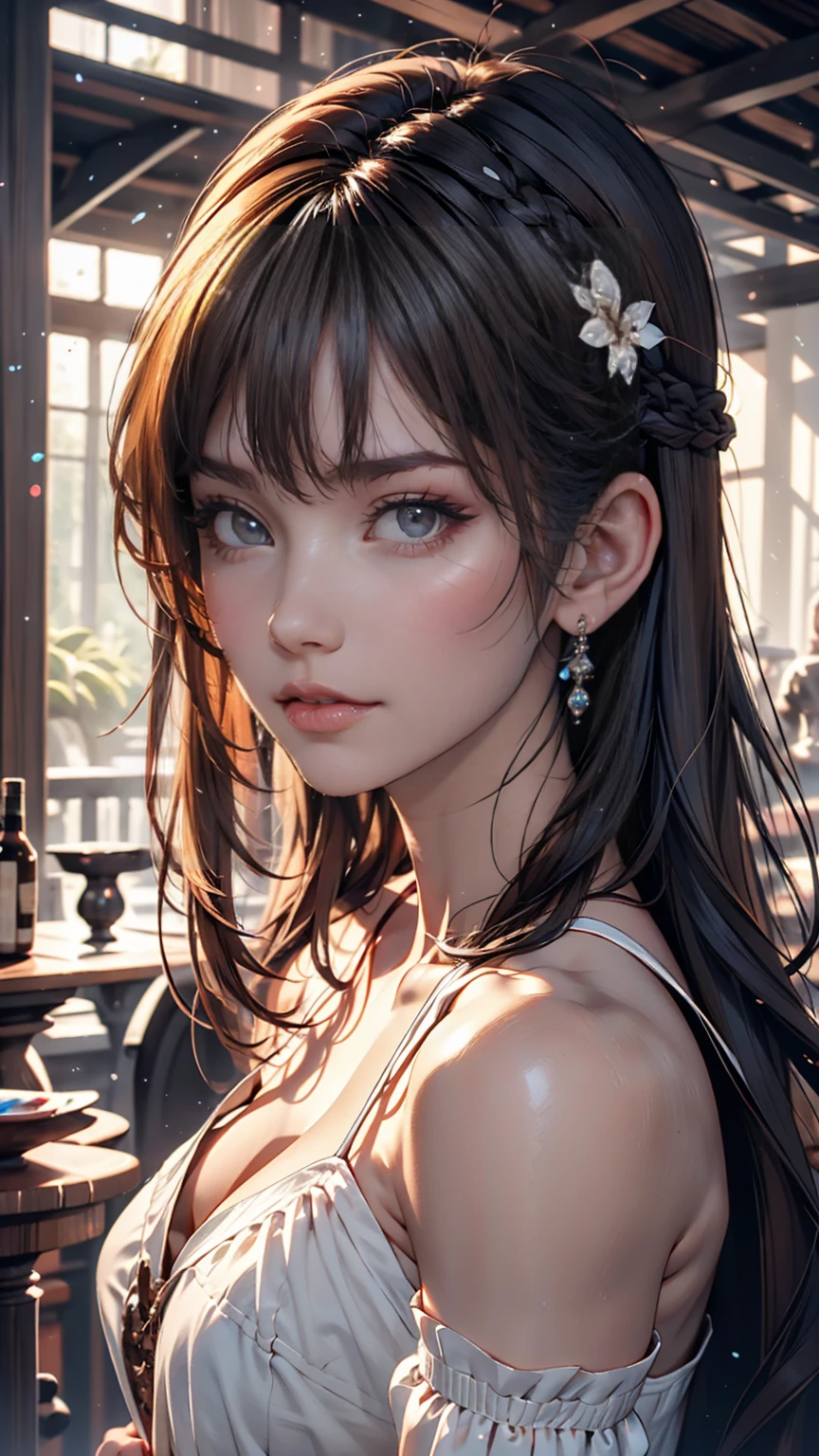 photoRealistic, Lip gloss, Painting, Realistic, Highest quality, Ultra-high resolution, depth, pastel colour, Natural Shading, Focus on the face, Face only, View your viewers, Long Hair, hair accessory, Black Hair, Brown, well-detailed eyes, dress