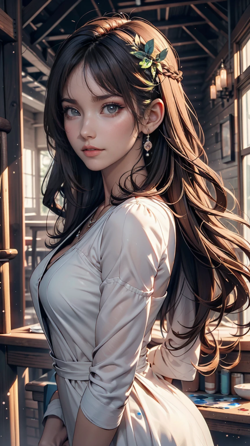 photoRealistic, Lip gloss, Painting, Realistic, Highest quality, Ultra-high resolution, depth, pastel colour, Natural Shading, Focus on the face, Face only, View your viewers, Long Hair, hair accessory, Black Hair, Brown, well-detailed eyes, dress