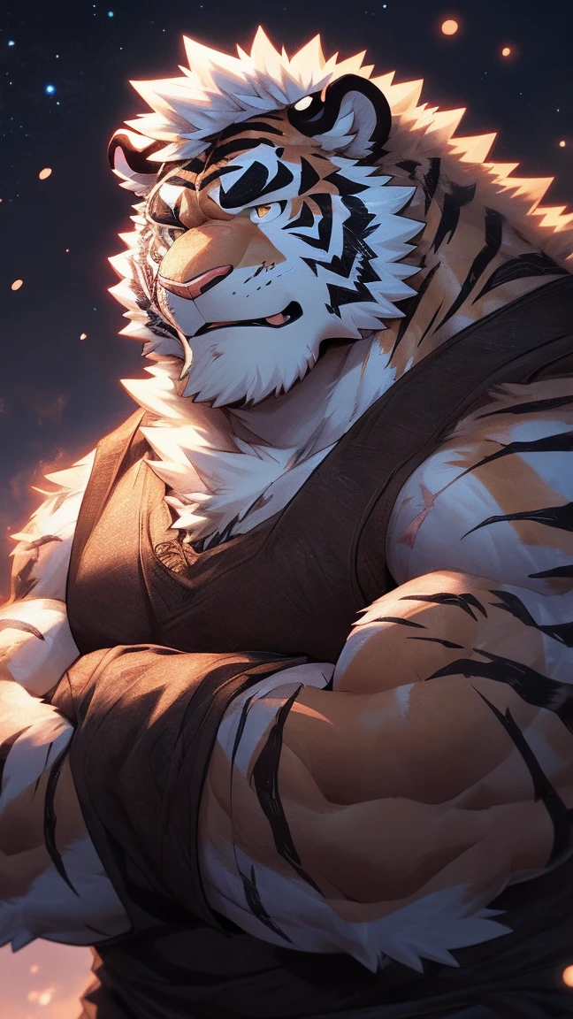 human nature, wild animals, male, 3,uncle,solitary, ((Round Face, The face is plump, Golden Eyes, Thick white hair,Scars)), ((Endomorph, Handsome,Hot Blood)), (Mecha suit,no electricity,exhausted), ((domestic white tiger, Tiger Orc) Fluffy fur, Fluffy, blue stripes), (tiger print), Bokeh, (high quality, high resolution, masterpiece), (Dynamic Lighting, Vibrant colors), (Revitalize,harm,Contempt), Full body pictures , cartoon, author:Takemoto Arashi, From Zixiong, author:Chunni, author:Ethereal,(background:orange town),cool chill poses with smirk,big tall looking (8'5),arm crossed,black beard