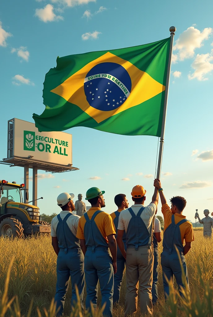 Workers of various ethnicities raising the Brazilian flag in front of a billboard with the words "Agriculture for all" with modern machines and statues of labor