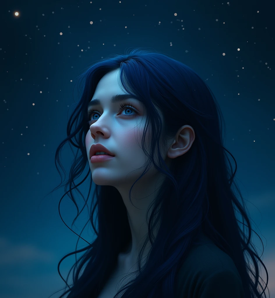 The image of the sky, dark eyes, dark blue hair