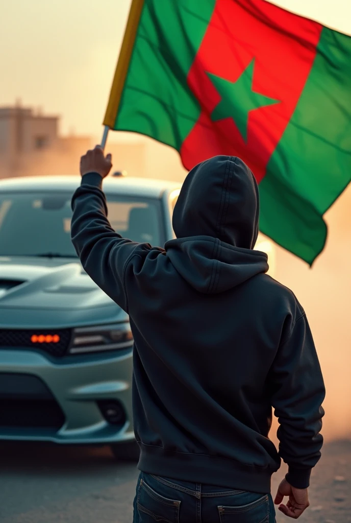 Je veux créer l'image d'un gars qui drift une Dodge charger srt . Le gars en question tient le drapeau du Sénégal vert, jaune, rouge avec l'étoile noire au milieu .Le gars porte un pull à capuche noir🇸🇳. Il porte le capuchon du pull,son visage n'est pas bien visible et derrière son pull est inscrit le logo SRT.