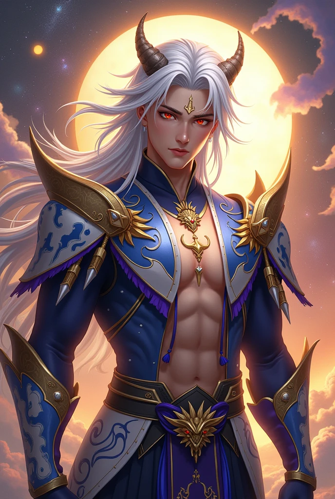 Handsome young xianxia protagonist,man,guy,long silver hair, Crimson red and golden amber eyes combination ,and long silver hair with white undertone,and the golden rune motiv scratched on his forehead,use armour featuring like pattern on furr of white Tiger chinese with azure and white dominant color,pauldron protective shape like dragon head,breastplate featuring like azure dragon head,breastplate detailed azure dragon head shape,shoulder protective dragon shape like head red and blue,sun and moon and nebulae circling at the background,nebula destruction detail,the tassel of the armour like river of galaxy,open Abs, combination of azure and white dominant color,white dominant color, white dominant color armour,with majestic purple line ,held mystical sword, And majestic golden wings at back,super detailed wings at back,terrifying aura around,24K ultra hd,face and eyes detail,lips and face detail,masterpiece ,better quality