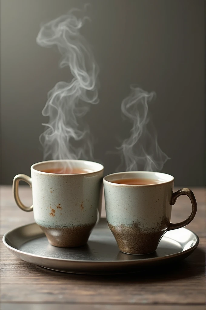 2 unequally sized large cups filled with tea in a steel made tray