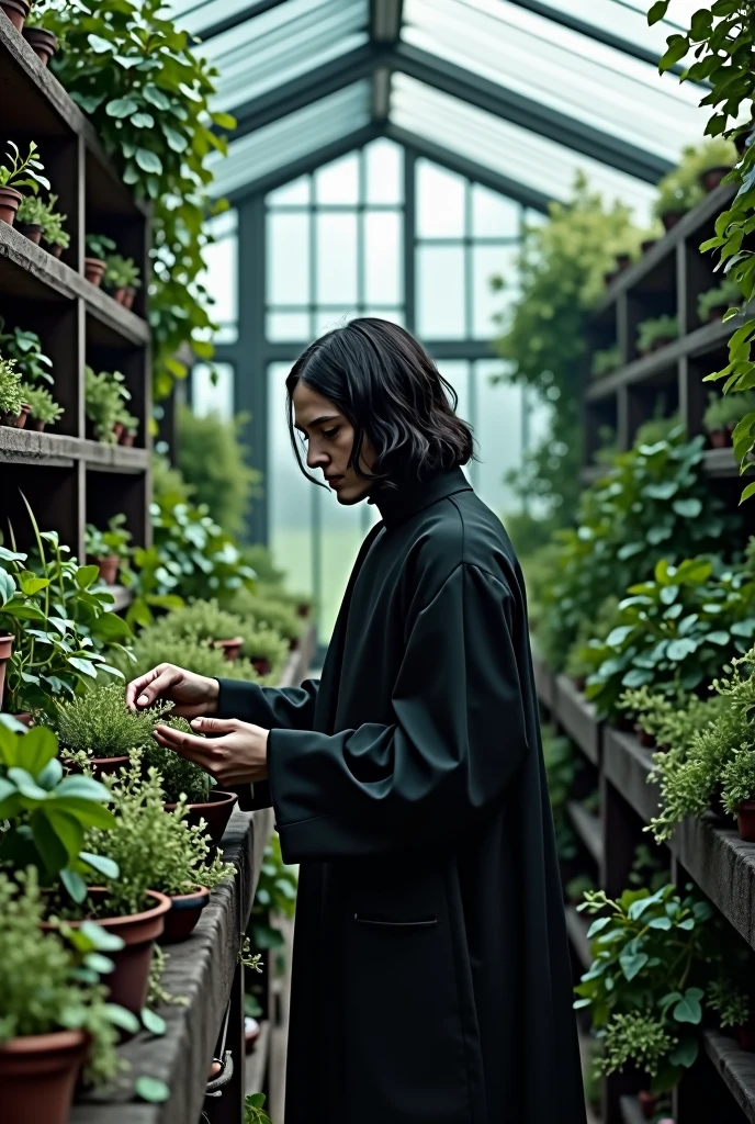 Create an image of a young Severus Snape taking plants from a greenhouse