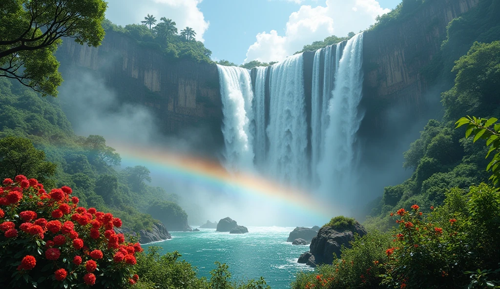 photo of a majestic waterfall in the jungle, the waterfall's water creates a large rainbow, surrounded by colorful blooming flower bushes, first-person view, panorama, UHD,(Best Quality),(Masterpiece Photos), (Details:1.4),(8k Highly Detailed)(Best Quality),(Best Shading)