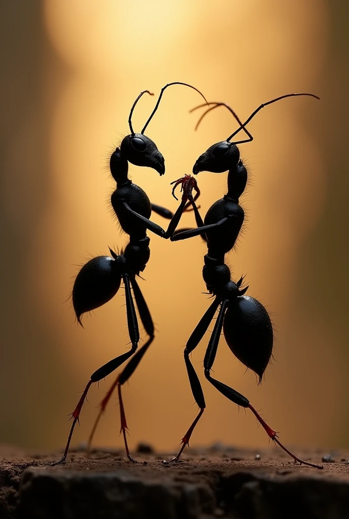 Create an image showing two ants dancing tango. The image must be taken against the light, so that the shadows and profiles of the ants stand out very clearly. The ants must be in a tango dance position, capturing the movement while rising and the sensuality of the tango, with its antennae and legs in elegant positions. Make sure the image has a high level of detail, especially in the texture of the ants and the projected shadows. The backlight should be diffuse and soft., creating a dramatic effect that accentuates the silhouette and shape of the moving ants. The overall atmosphere should be evocative and artistic., with a focus on the accuracy of contrast and detail in the representation of ants.