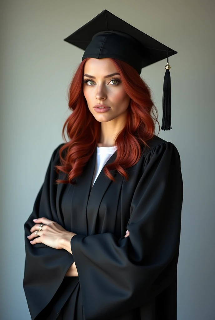 professional image of a woman with dark red hair, wearing the graduation gown and cap