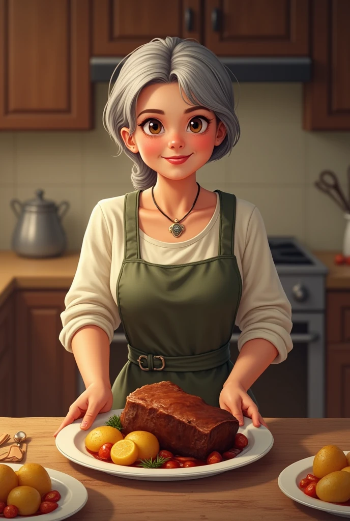 Image with pot roast and potatoes a woman serving