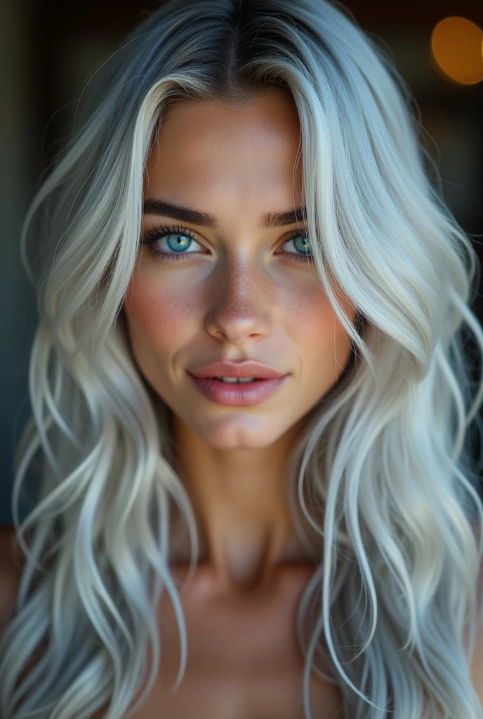 Silver hair, Hair over the shoulder, Long hair, Aqua Blue Eyes, slight smile, Cowboy-shot, 85mm, Canon, uhd, anatomically correct, textured skin, Super Detail, 8k