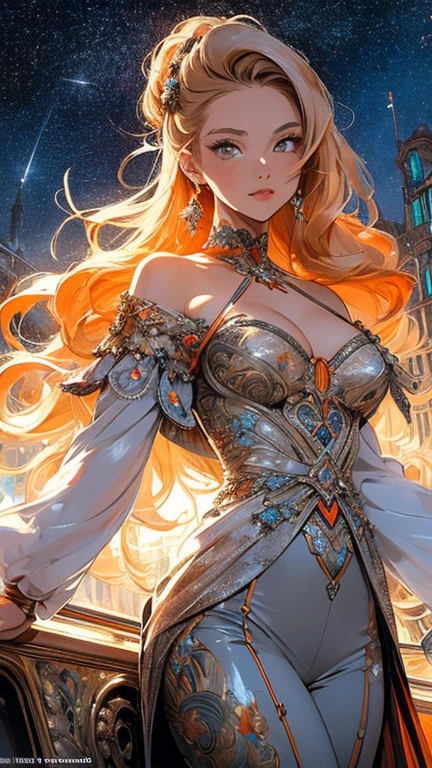 (masterpiece, Highest quality), 32K,(Highly detailed beautiful woman), Poster,sf,1960s,1970s,Bauhaus, shape, Abstract,movie Poster, Vintage,Retro,Future Anime,The ultimate map,highlight,Very detailed glowing eyes,Cleavage,Complex patterns,Stylish hairstyle,Grey and orange outfit,Starry Sky