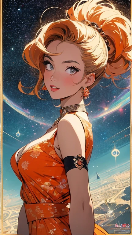(masterpiece, Highest quality), 32K,(Highly detailed beautiful woman), Poster,sf,1960s,1970s,Bauhaus, shape, Abstract,movie Poster, Vintage,Retro,Future Anime,The ultimate map,highlight,Very detailed glowing eyes,Cleavage,Complex patterns,Stylish hairstyle,Grey and orange outfit,Starry Sky