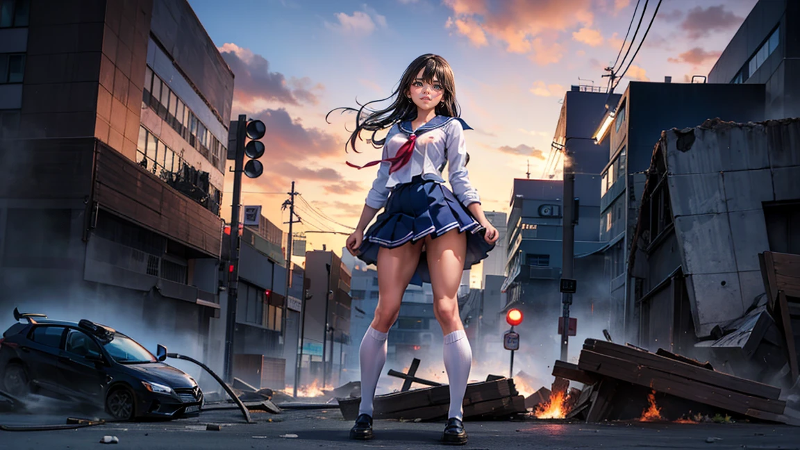 (Giantess Elements, High resolution, high quality, Accurate body structure, Detailed body), Japanese schoolgirl, Sailor suit, Towering Giant Girl, Looking up at a woman approaching from below, giant attacks city, cute, girl Destroy a small town, Destroy a small town, Naughty look, Japanese, White skin, smile, trampling buildings, rubble, Burning Small Town, destroyed small building, Collapsed highway, Cars are crushed, Evacuation of residents, sunset, Burning Small Town, please, walk, Trampling, Anatomically correct, Accurate human body, Accurate skeleton, Full body portrait, blue eyes, rubble scattered at feet, Higher than skyscrapers, Major impact, wonderful, Giantess Elements, Draw a woman in a big way, The rise of disruptive factors, making city smaller, rampage, city, building,