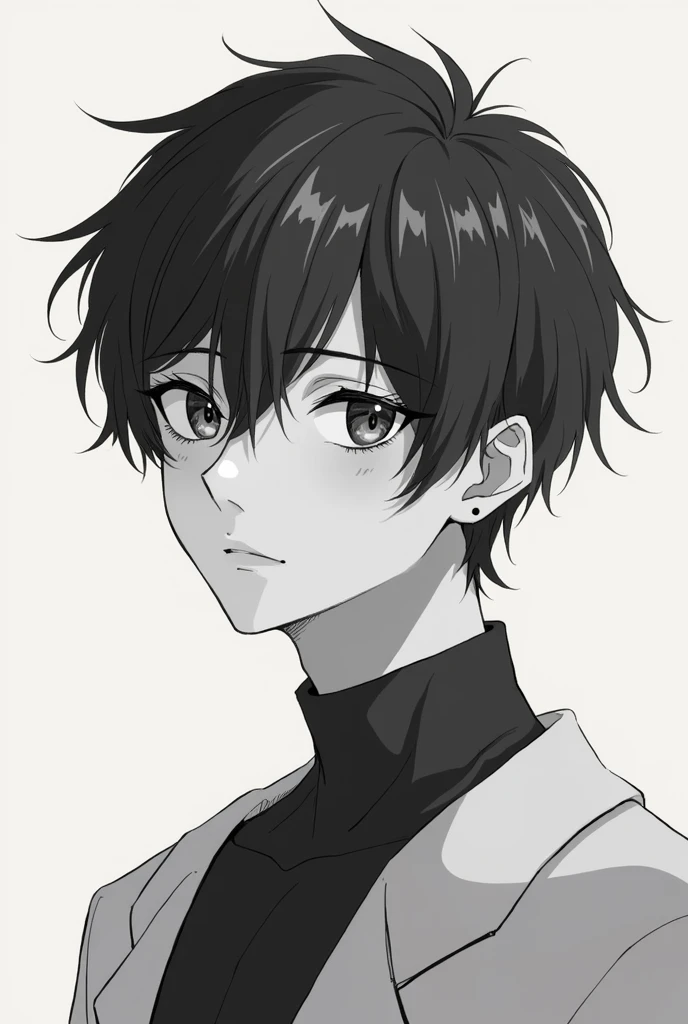 Young man looking tenderly in 2d anime drawing style wearing black and white clothes
