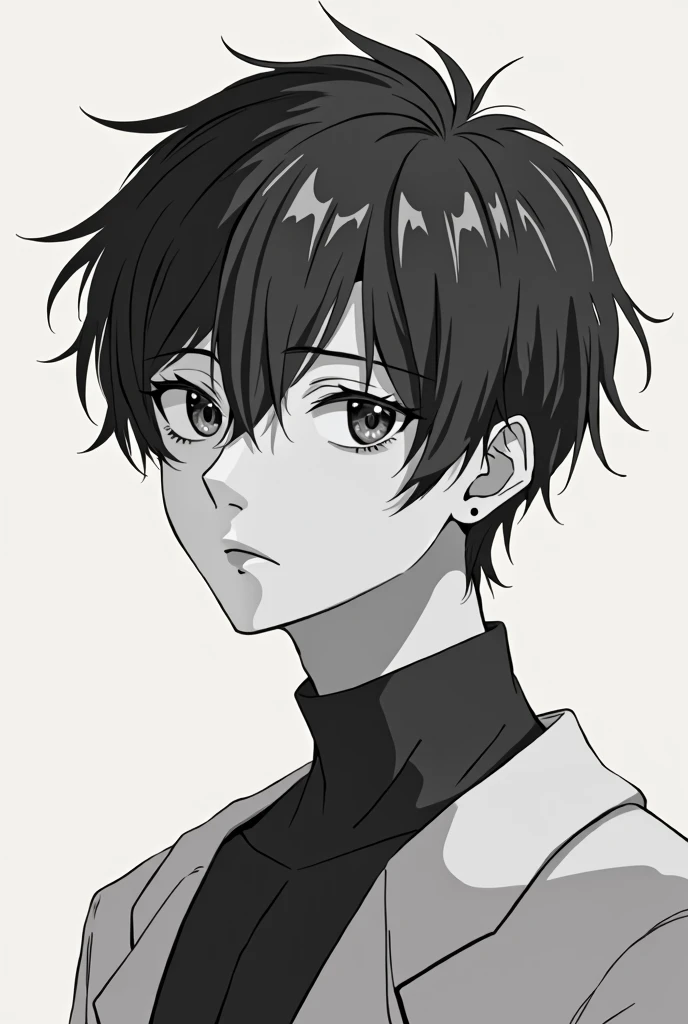 Young man looking tenderly in 2d anime drawing style wearing black and white clothes