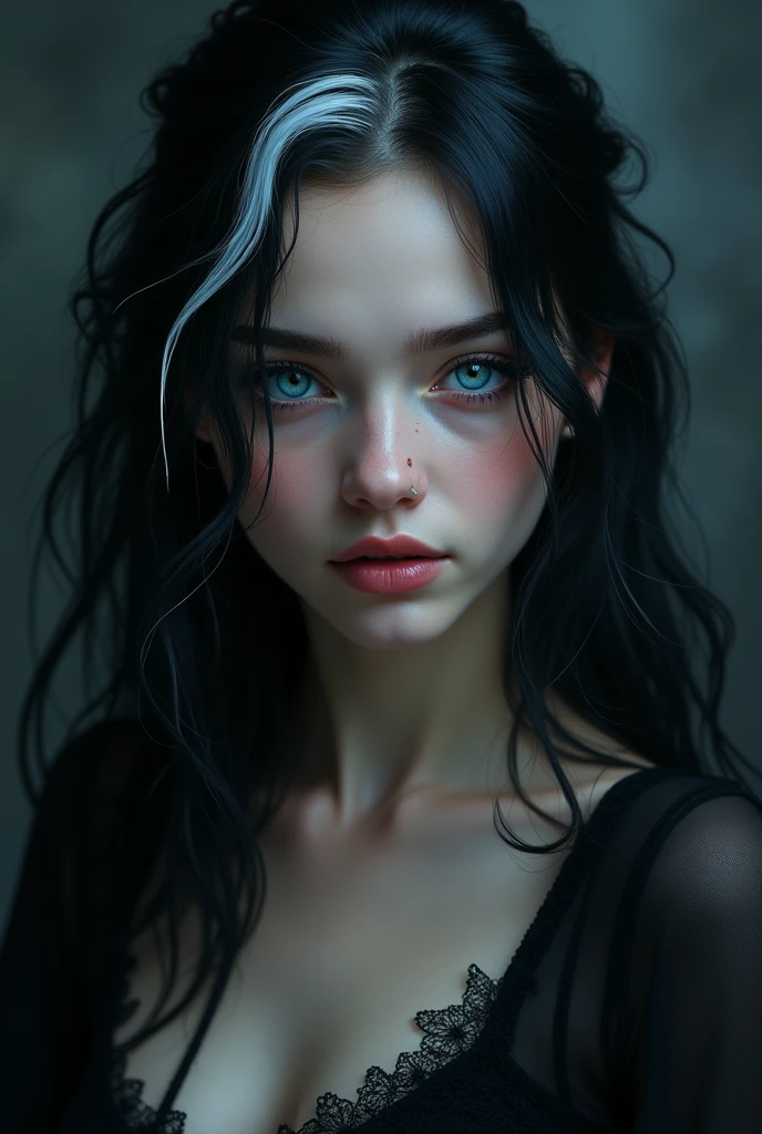 a white girl like a vampire, blue-eyed, black hair and a white streak in the front, 