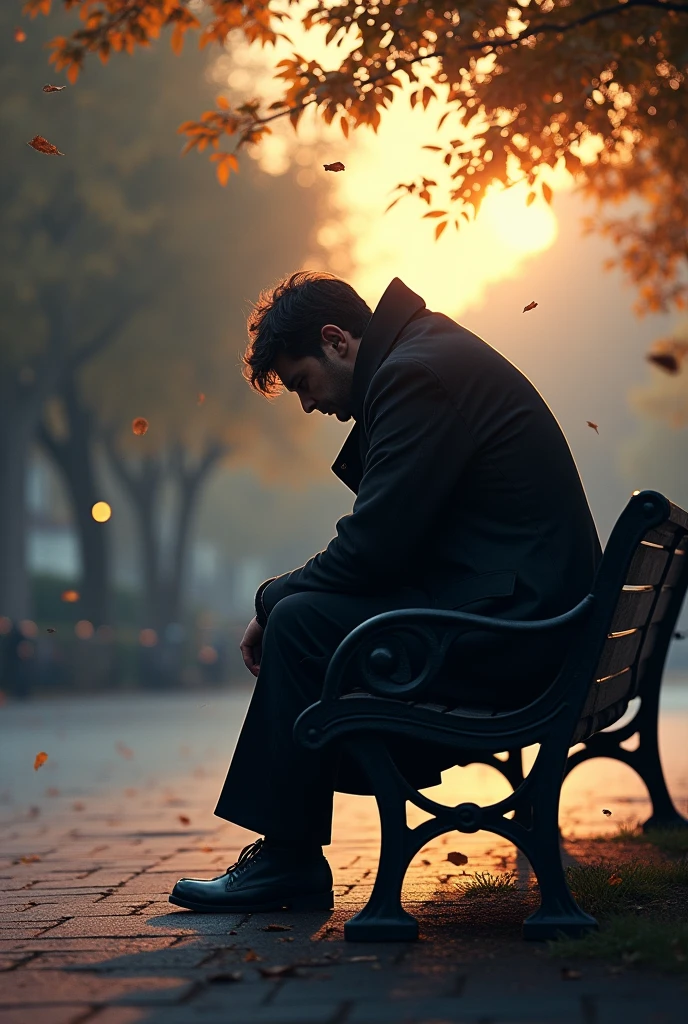 Create an image of a sad man sitting on a park bench during sunset. He has his head down, looking at the floor, with slumped shoulders, expressing melancholy. The square is partially empty, with some trees in the background and leaves falling. The man is wearing a dark coat and is leaning forward slightly., as if he were immersed in his thoughts. Soft evening light illuminates the scene, creating a dark and introspective atmosphere.