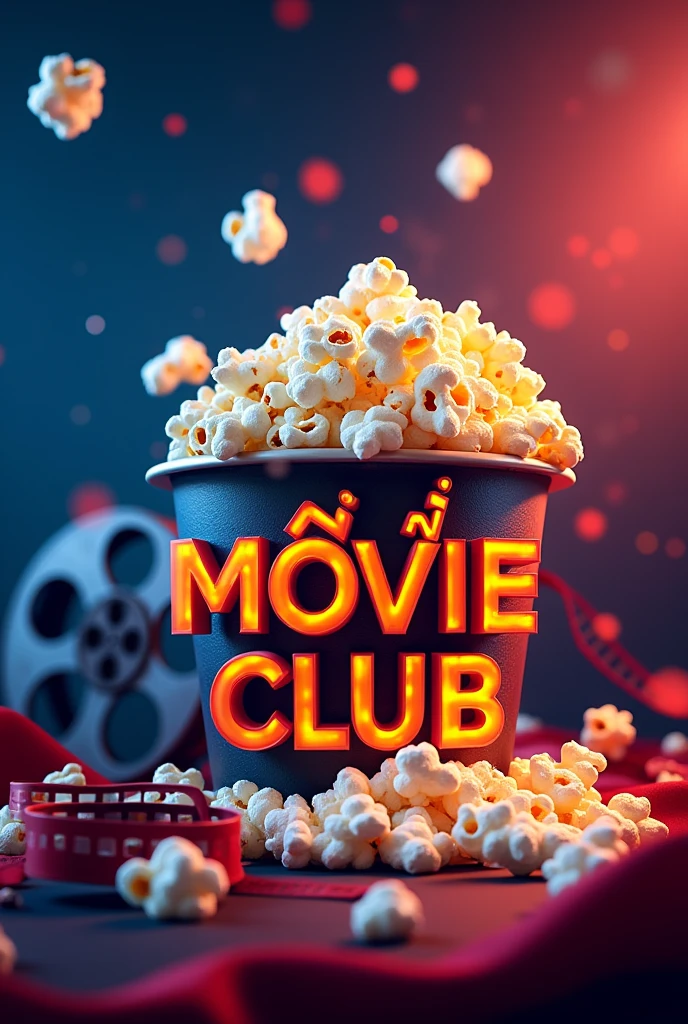Create an AI Facebook cover image with the word "Movie Club" in Thai.,There's popcorn.,There is a movie film.