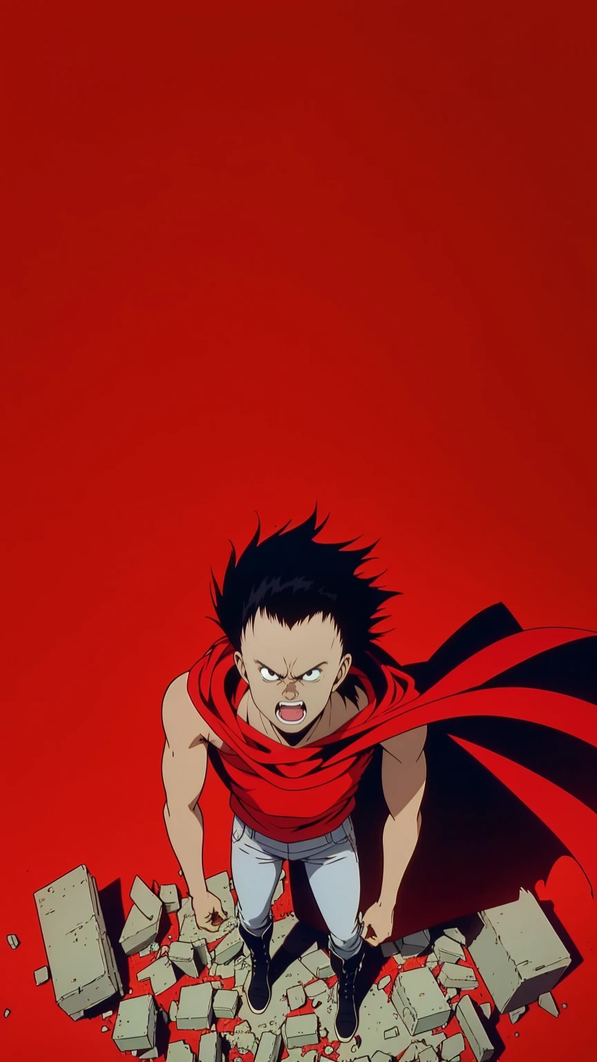 A psycho boy standing on a pile of rubble, looking up, male focus, white_sleeveless shirt, black_pants, black_boots, torn red cape, (best quality, high resolution, outstanding composition, masterpiece:1.4), (bright red background, simple background:1.5), (from above:1.2), (manga linework:1.2), high details, author: Katsuhiro Otomo
