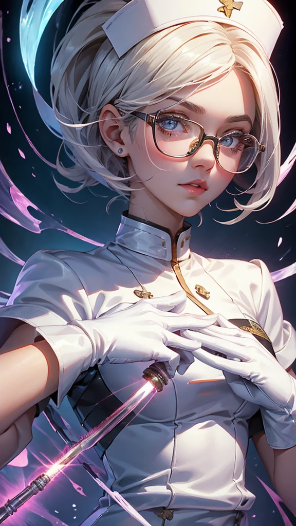 A beautiful girl wearing a shiny white high-neck nurse uniform(20th Generation)She has short hair, wears glasses and long patent leather gloves.