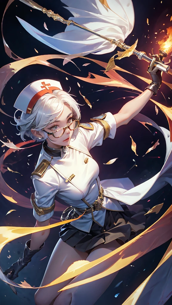 A beautiful girl wearing a shiny white high-neck nurse uniform(20th Generation)She has short hair, wears glasses and long patent leather gloves.