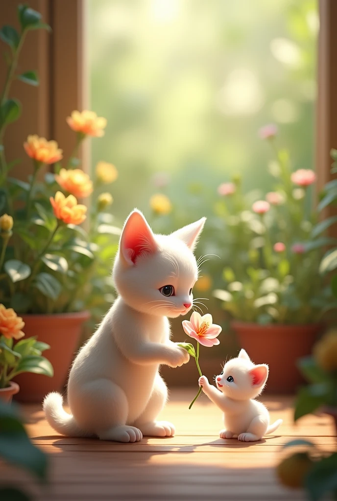 Cat receives a flower from a cute white kitten