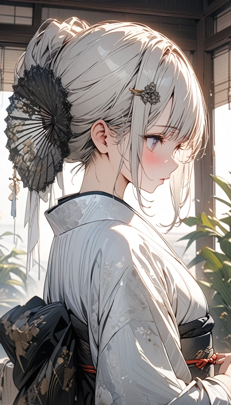 Beautiful kimono girl, White hair tied up with a gorgeous hairpin，Holding White lace folding fan, Beautiful lace fan, indoor, White lace, Very delicate lace, best quality, 4K, 8k, Very detailed, High Detail, masterpiece