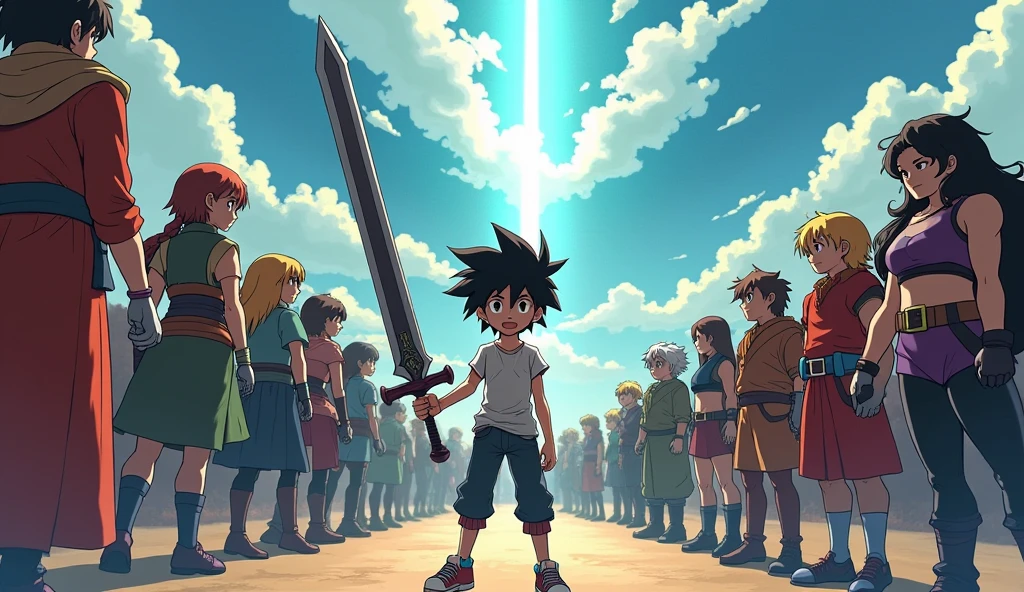 10 year old anime looser boy, big magic sword in hand, stand left side,10 people in battle stand right side ,in line
