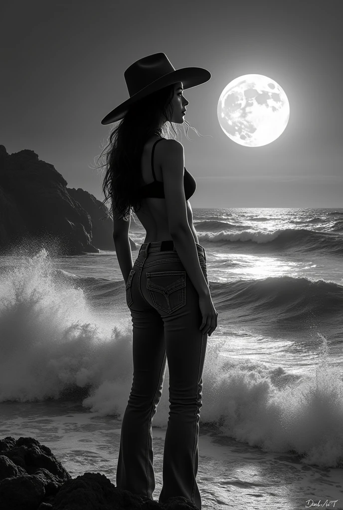 Me.You can generate a logo where a rancherita with a hat and jeans appears looking at the.rough sea, The brand is called Nicole Simone, The moon must appear reflecting the sea in black and white, Woman 1.70 height and medium build, remember that it is a brand, Must say Nicole Simone en grande para promocionar a la artista, Must say "Nicole Simone"