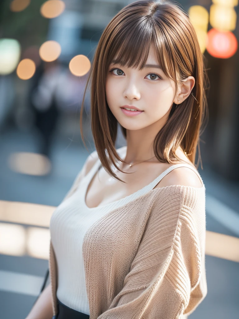 Ultra-high resolution, Superior Quality, Highest quality, Super detailed, Realistic, 8k, RAW Photos, Highest quality, masterpiece, Attractive girl, wonderful, Brown Hair, Shoulder-length layered, Asymmetrical bangs, Japanese Idols, Sophisticated, stylish, V-neck knit, Shibuya Ward, great joy