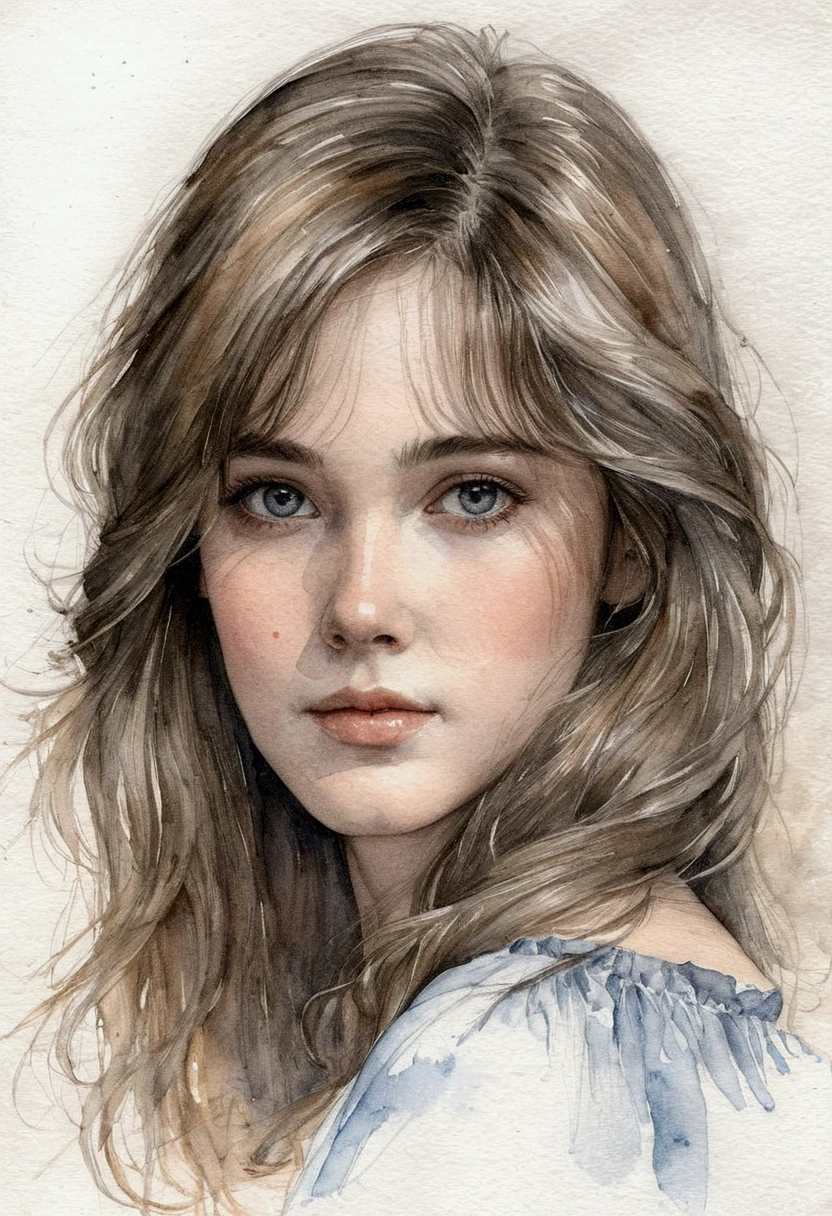 A delicate, watercolor painting portrays, a beautiful young Monica Belluccy,  without background, her features rendered in subtle shading and precise lines. The framing is tight, focusing attention on the subject's serene face. Soft, feathery strokes convey the gentle texture of her hair, 