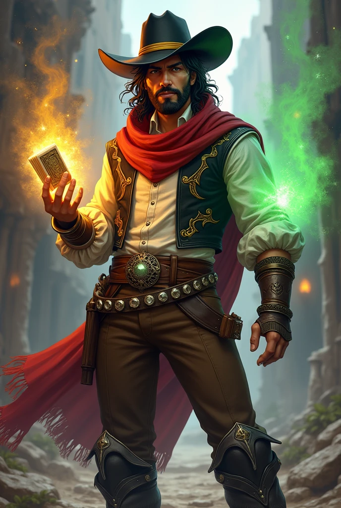 Hector stands at 1.75 meters, exuding a rugged charisma shaped by countless adventures. His long, dark hair, streaked with a striking line of white, frames a face marked by determination and youthful. A well-groomed beard, with hints of white, adds a touch of maturity without overshadowing his vitality. His deep brown eyes, sharp and reflective, burn with quiet resolve. A red scarf with intricate golden patterns drapes around his neck, complementing a white dress shirt and sleek black vest. Brown pants with a stone-adorned belt and silver-spurred boots complete his look. A black cowboy hat with a yellow band adds to his enigmatic aura. Hector wields two decks of cards—one glowing yellow, the other green—manifestations of his powerful magic. Deeply loyal to his allies and protective of his family, Hector stands as a beacon of hope and strength in a chaotic, fantasy RPG world style.