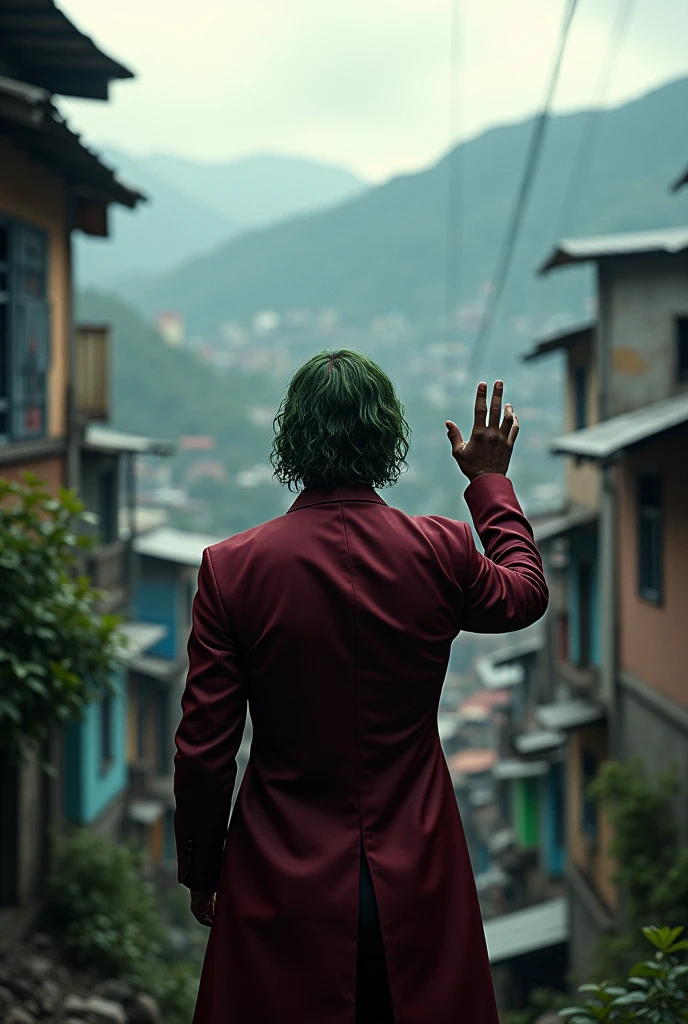 Joker with his back turned looking at the favela with his hand making a three-finger sign 