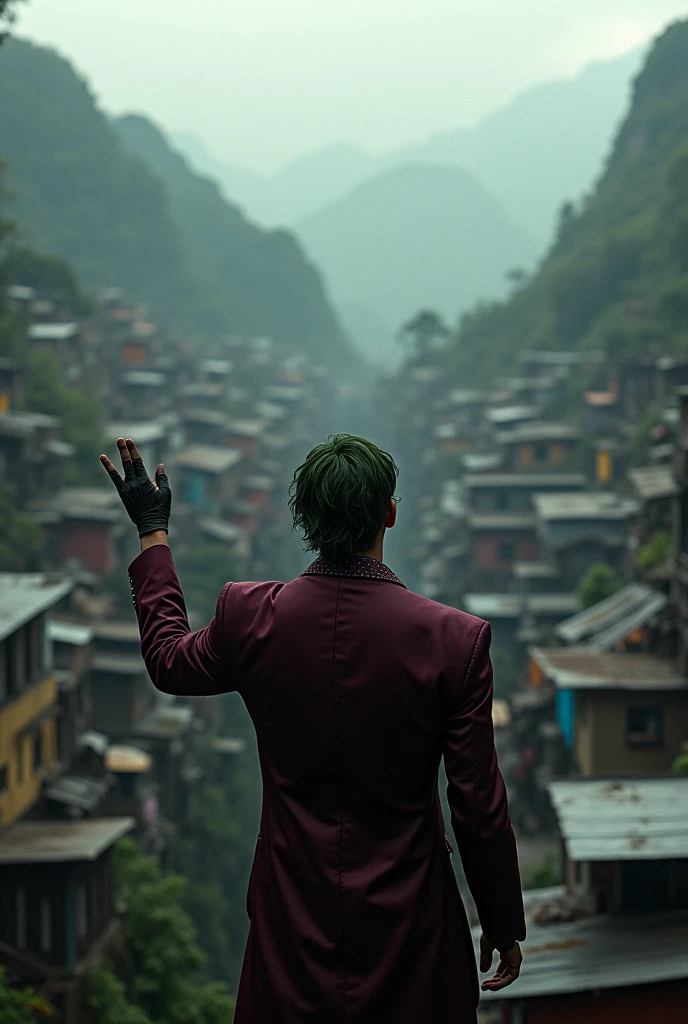 Joker with his back turned looking at the favela with his hand making a three-finger sign 