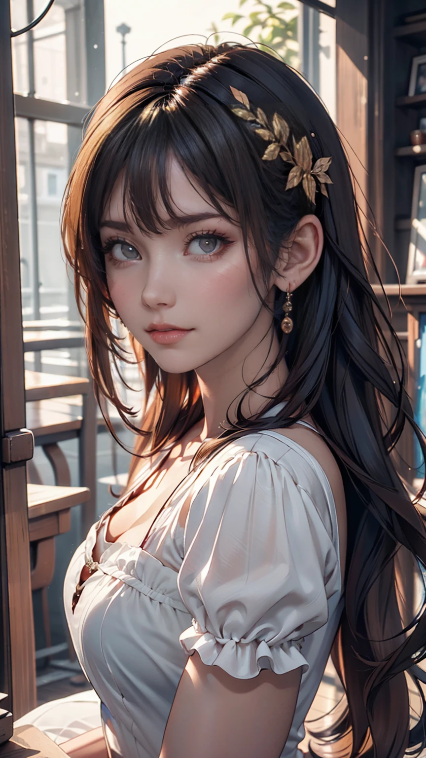 photoRealistic, Lip gloss, Painting, Realistic, Highest quality, Ultra-high resolution, depth, pastel colour, Natural Shading, Focus on the face, Face only, View your viewers, Long Hair, hair accessory, Black Hair, Brown, well-detailed eyes, dress