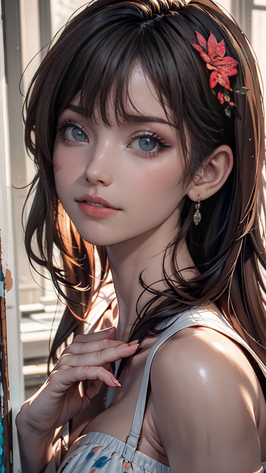 photoRealistic, Lip gloss, Painting, Realistic, Highest quality, Ultra-high resolution, depth, pastel colour, Natural Shading, Focus on the face, Face only, View your viewers, Long Hair, hair accessory, Black Hair, Brown, well-detailed eyes, dress
