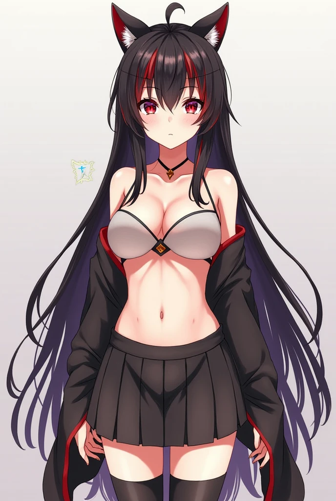 Micotte、ff14、One person, chest, Long Hair, Black Hair、Hair color: red inner color, Red eyes, Golden Eyes, Odd Eye、Anatomically correct, mini skirt、Knee-high socks、kimono、off-the-shoulderhigh-resolution, Anatomically correct, High-resolution model, Textured skin, Cat ear, Anime Style、Belly on、Simple Background, Highest quality, 