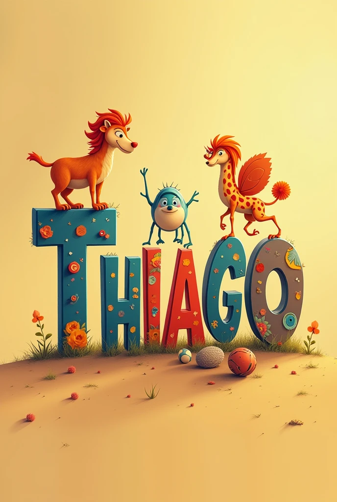 The word Thiago, Each letter must contain images related to animals, sports, It's for a child's personal brand