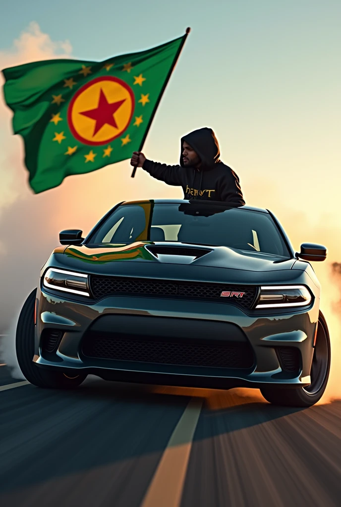 Je veux créer l'image d'un gars qui drift une Dodge charger srt . Le gars en question tient le drapeau du Sénégal vert, jaune, rouge avec l'étoile au milieu 🇸🇳.Le gars porte un pull à capuche noir. Il porte le capuchon du pull,son visage n'est pas bien visible et derrière son pull est inscrit le logo SRT. 