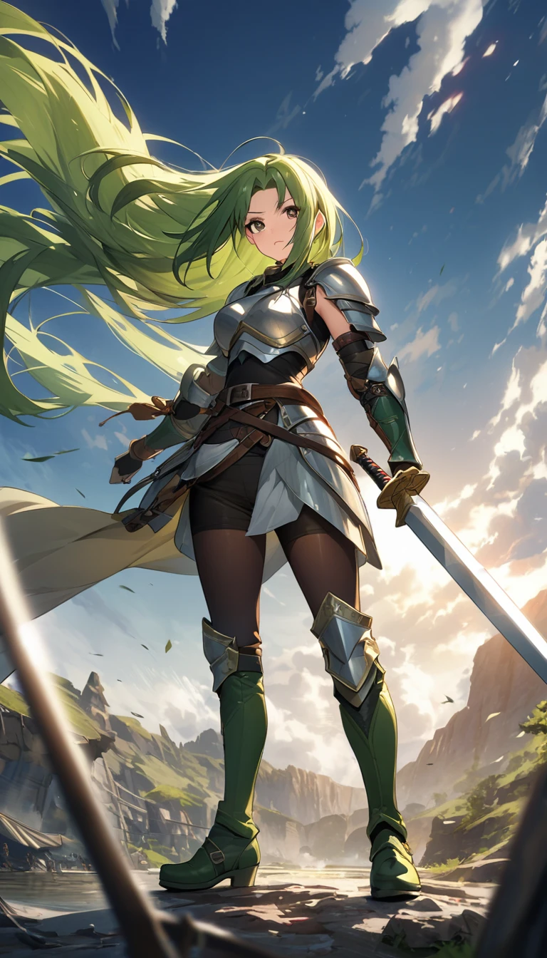 Ultra-high definition image quality、beautiful girl、Woman warrior、Female Swordsman、Light Armor、Green Boots、Long Hair、Knight's Hair Ornament、Black Hair、20-year-old、Be confident々face、Very short tight skirt、Sexy posture、wilderness、Highest quality,Big Ass、Big Breasts、Thighs、Grab the spear、Gorgeous embroidered lace panties、Joan of Arc style clothing、Wind King Barrier、Her hair is fluttering in the wind、The Sword of Promised Victory、god々Wearing a bright aura、Big Ass、Valkyrie the War Maiden、Crotch close-up、Angle from directly below