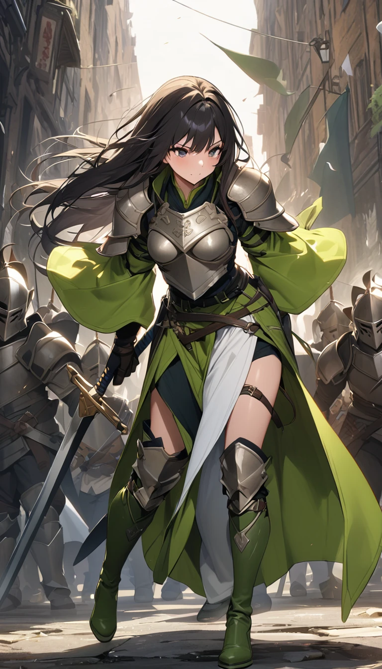 Ultra-high definition image quality、beautiful girl、Woman warrior、Female Swordsman、Light Armor、Green Boots、Long Hair、Knight&#39;s Hair Ornament、Black Hair、20-year-old、Be confident々face、Very short tight skirt、Sexy posture、wilderness、Highest quality,Big Ass、Big Breasts、Thighs、Grab the spear、Gorgeous embroidered lace panties、Joan of Arc style clothing、Wind King Barrier、Her hair is fluttering in the wind、The Sword of Promised Victory、god々Wearing a bright aura、Big Ass、Valkyrie the War Maiden、Crotch close-up、Angle from directly below