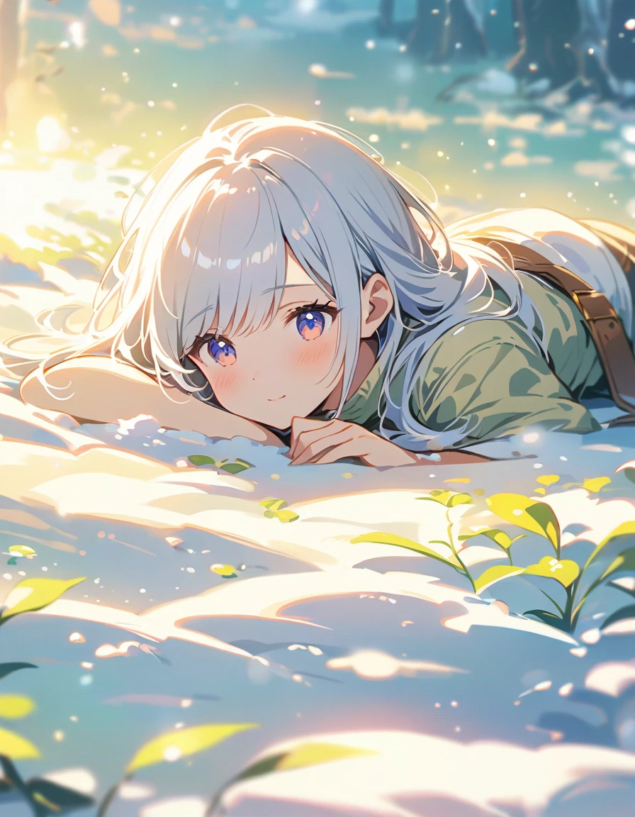 atmospheric perspective, depth of field, cinematic lighting, sparkle, f/2.8, 135mm, UHD, retina, high details, high quality, highres, best quality, 4K、snow、Silver Hair、１People Girls、Please depict the image as white and pale overall.,((Snow Fairy)),((lie down on the snow))